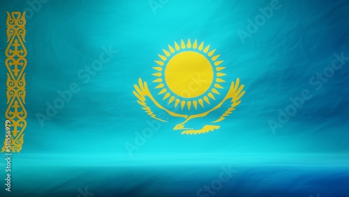 Studio backdrop with draped flag of Kazakhstan for presentation or product display. 3D rendering