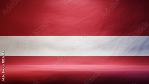 Studio backdrop with draped flag of Latvia for presentation or product display. 3D rendering