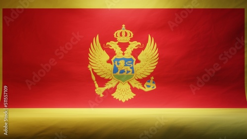 Studio backdrop with draped flag of Montenegro for presentation or product display. 3D rendering