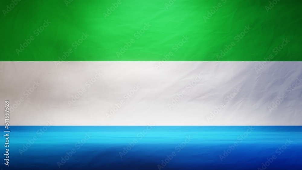 Studio backdrop with draped flag of Sierra Leone for presentation or product display. 3D rendering
