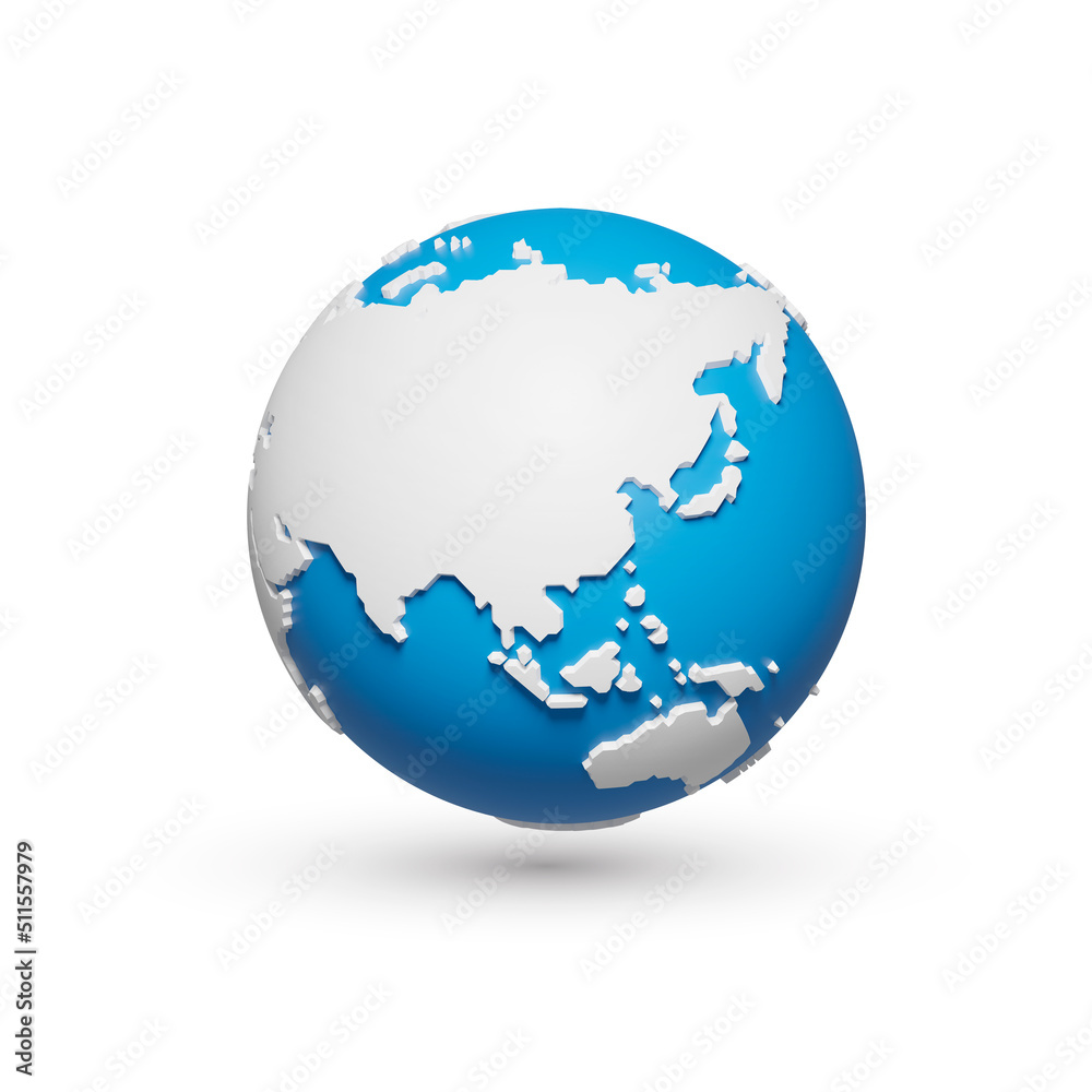 Naklejka premium 3D polygon globe planet earth, world map, blue ocean, isolated background, view of asia and australia