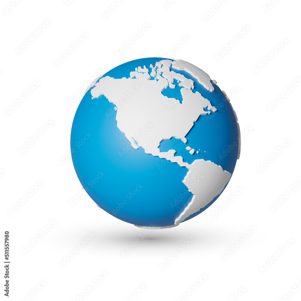 3D polygon globe planet earth, world map, blue ocean, isolated background, view of America