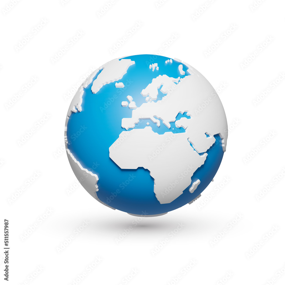 3D polygon globe planet earth, world map, blue ocean, isolated background, view of Europe and Africa