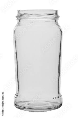 Empty glass jar for preservation and storage of bulk products isolated in white background.
