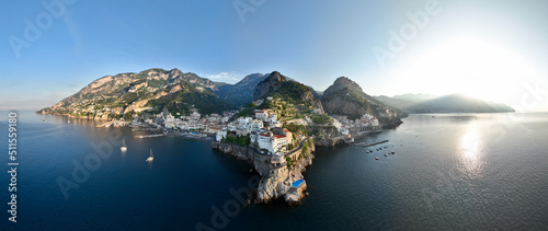 Fototapeta Naklejka Na Ścianę i Meble -  View from above, stunning panoramic view of the villages of Amalfi and Atrani. Amalfi and Atrani are two cities on the Amalfi Coast in the province of Salerno in the Campania region of south Italy.