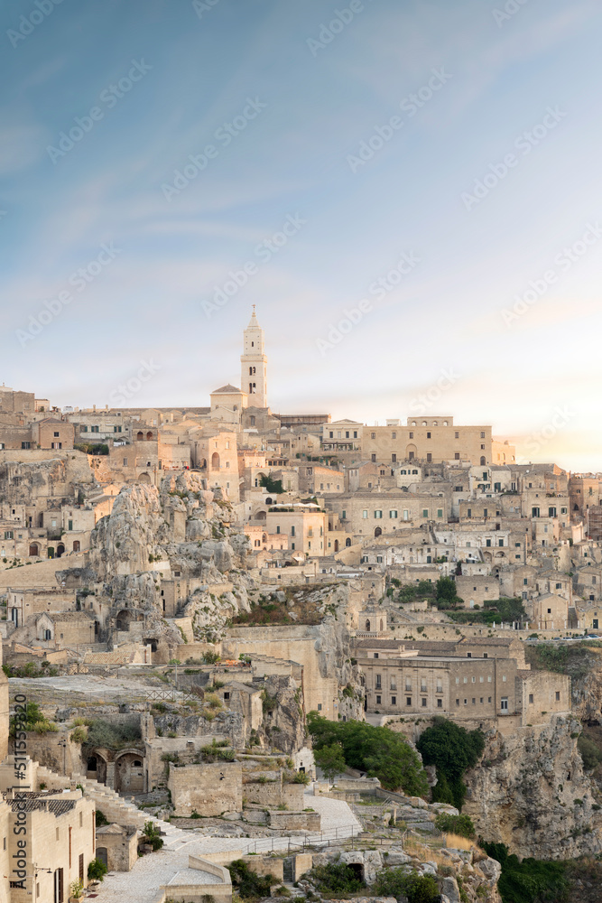 Stunning view of the village of Matera during a beautiful sunrise. Matera is a city on a rocky outcrop in the region of Basilicata, in southern Italy.