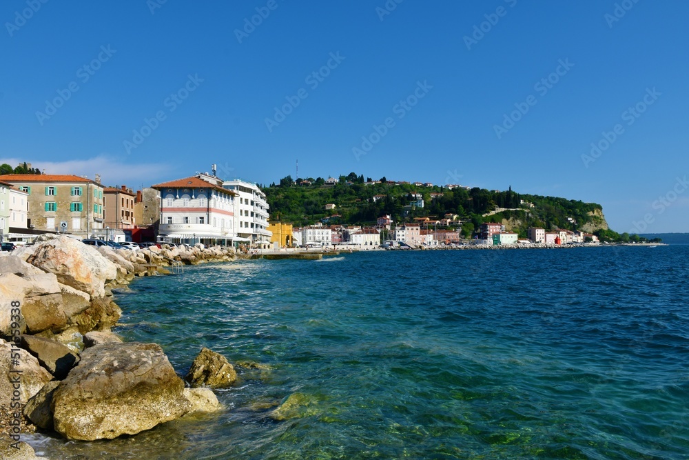 View of the town of Piran on the coast of the Adriatic sea in Istria and Primorska, Slovenia