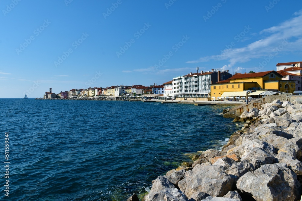 Piran, Slovenia - May 10 2022: Town of Piran on the Adriatic coast in Slovenian Istria