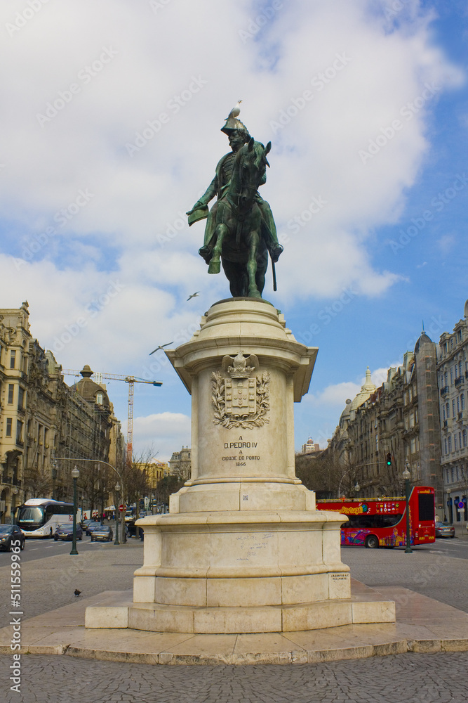 Monument to King Peter IV at Liberdade square in Porto, Portugal