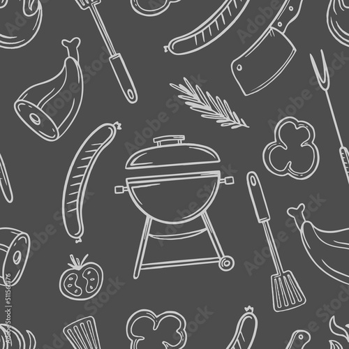 A pattern with grill and barbecue elements for the menu of a restaurant bar cafe on a black background Vector illustration of doodles