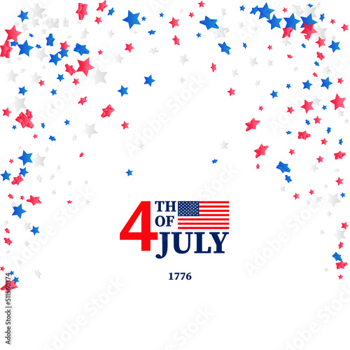 Fourth of July greeting card template. July 4 USA.USA celebration with confetti stars in national colors for American Independence Day isolated on background.