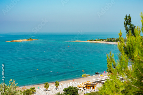 The coast and beaches of Turkey Alanya. Landscape of the seashore from a height. Vacation on the beach in Turkey High quality photo