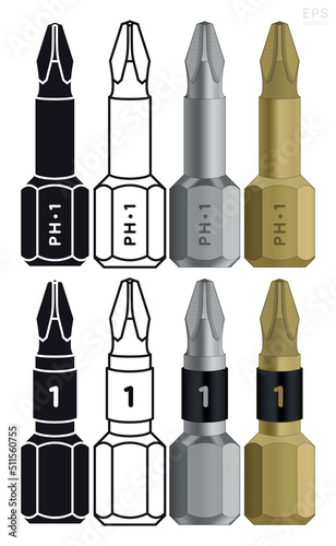 Screwdriver Bits. Impact Driver Bits. Isolated Silhouette, Outline, Steel and Titanium Coated