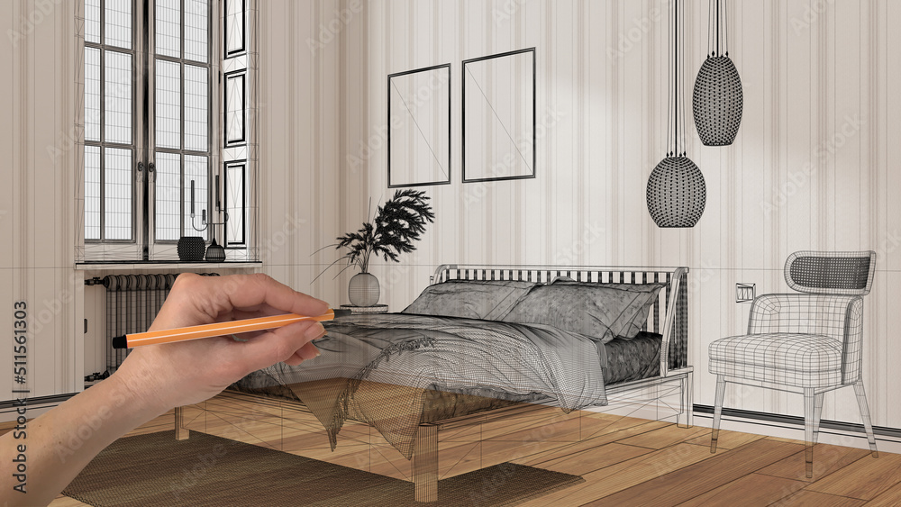 Empty white interior with parquet floor, hand drawing custom ...