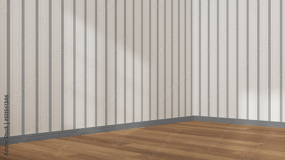Empty room interior design in white and gray tones, open space with parquet wooden floor, striped wallpaper, classic architecture concept idea Empty room interior design in white and gray tones, open space with parquet wooden floor, striped wallpaper, classic architecture concept idea