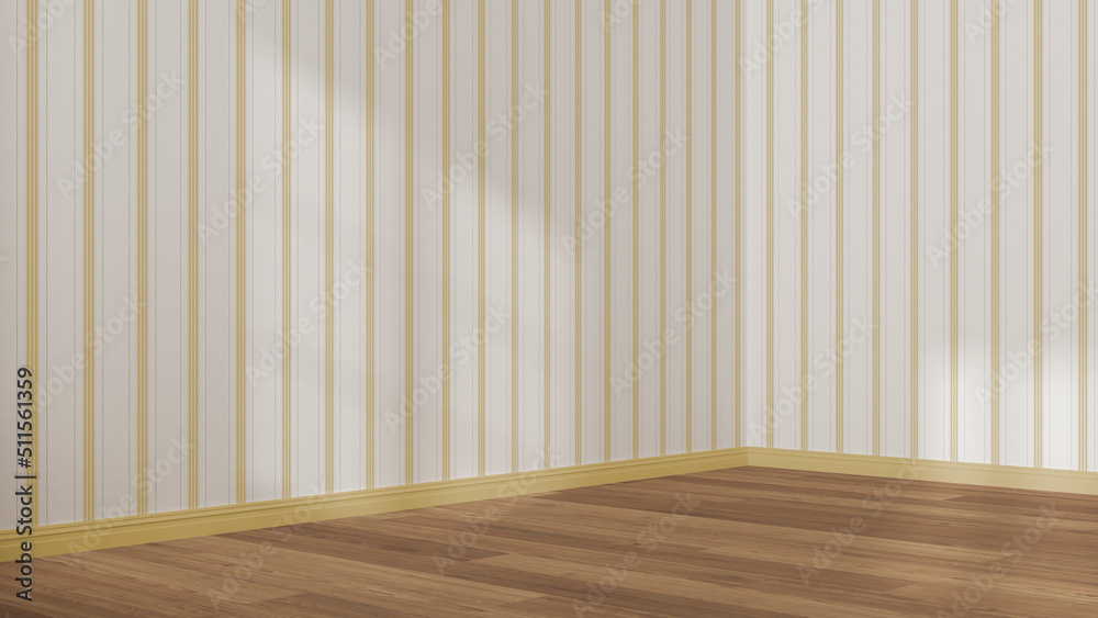 Empty room interior design in white and yellow tones, open space with parquet wooden floor, striped wallpaper, classic architecture concept idea Empty room interior design in white and yellow tones, open space with parquet wooden floor, striped wallpaper, classic architecture concept idea