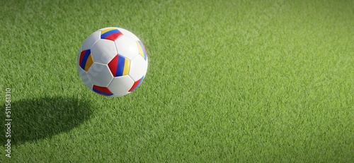 Football or soccer ball design with flag of Armenia against grass pitch backdrop. 3D rendering