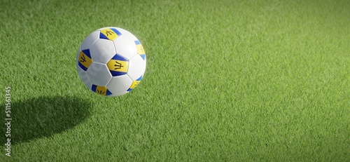 Football or soccer ball design with flag of Barbados against grass pitch backdrop. 3D rendering