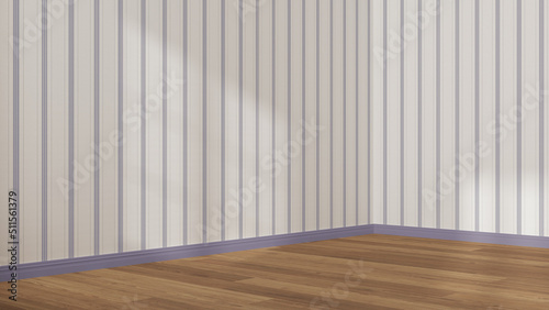 Empty room interior design in white and purple tones, open space with parquet wooden floor, striped wallpaper, classic architecture concept idea