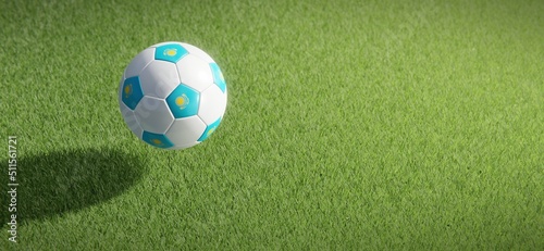Football or soccer ball design with flag of Kazakhstan against grass pitch backdrop. 3D rendering