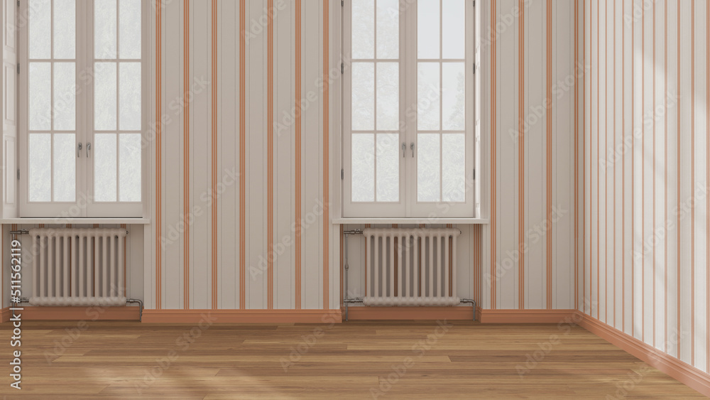 Empty room interior design in orange and white tones, open space with parquet wooden floor, windows with radiators, striped wallpaper, classic architecture concept idea Empty room interior design in orange and white tones, open space with parquet wooden floor, windows with radiators, striped wallpaper, classic architecture concept idea