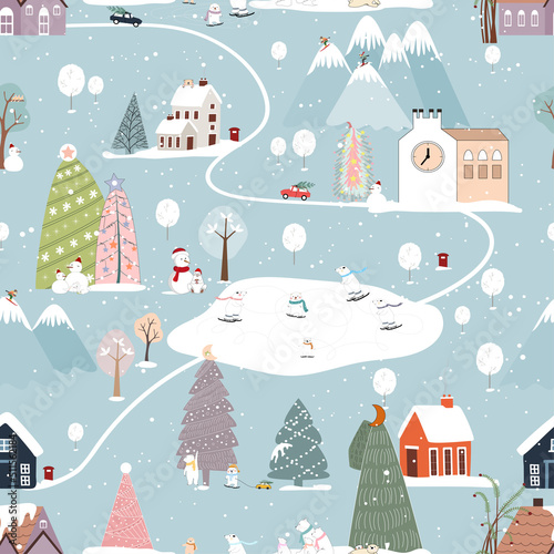 Seamless pattern Winter, Christmas landscape in the town with pine tree,fairy tale house,car,polar bear playing ice skate,Vector cute cartoon design Village on Christmas eve,New year 2023 background