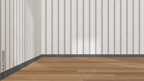 Empty room interior design in white and gray tones, open space with parquet wooden floor, striped wallpaper, classic architecture concept idea