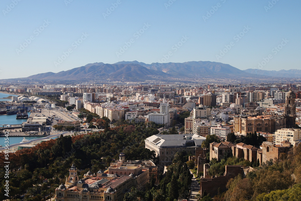 The panorama of Malaga and Malaga Cathedral from Gibralfaro hill, Spain