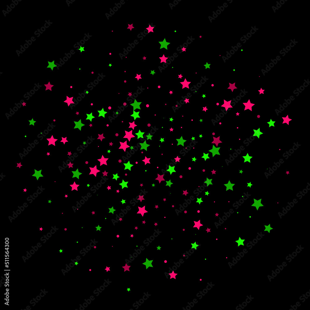Falling stars. Star Rain. Green and pink colors. Festive background. Abstract texture on a black background. Vector illustration, eps 10