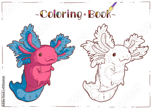 Axolotl, a Coloring Sheet. Cartoon outline picture of playful baby axolotl with colored example. A colouring book page. Contour illustration for children preschool education. Home activity for kid.
