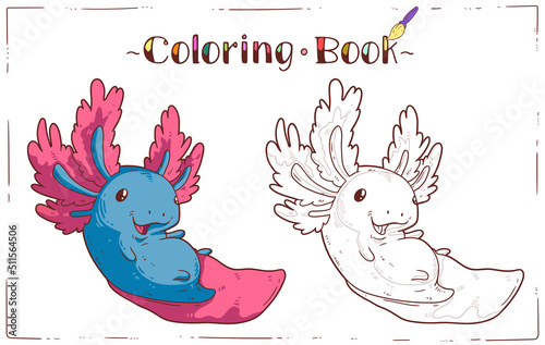 Axolotl, a Coloring Sheet. Cartoon outline picture of playful baby axolotl with colored example. A colouring book page. Contour illustration for children preschool education. Home activity for kid.