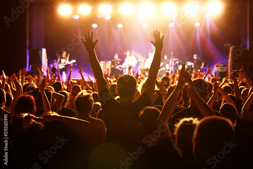 Fotografia Silhouette of man with raised hands on music concert