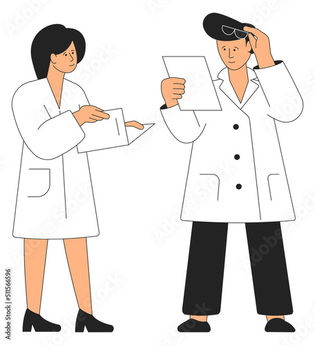 Medical staff people discussing patient record documents