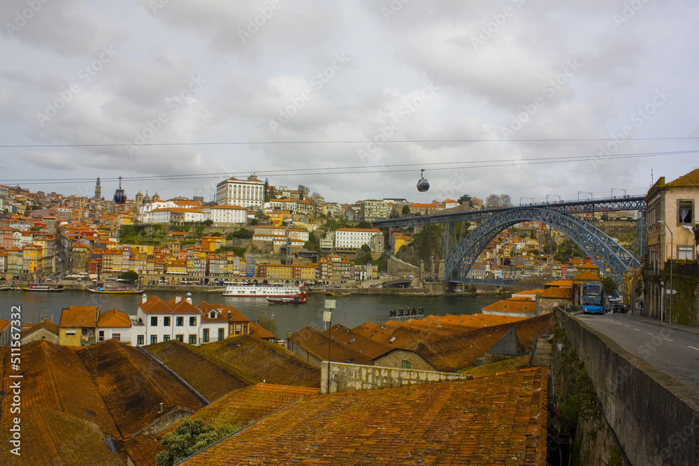 Panorama of Old Town (Ribeira district) and river Duoro in Porto 