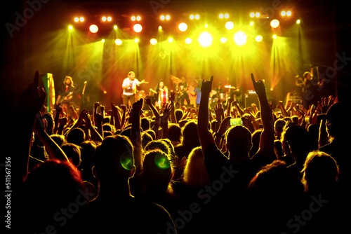 Concert crowd attending a concert, people silhouettes with backlit by stage lights