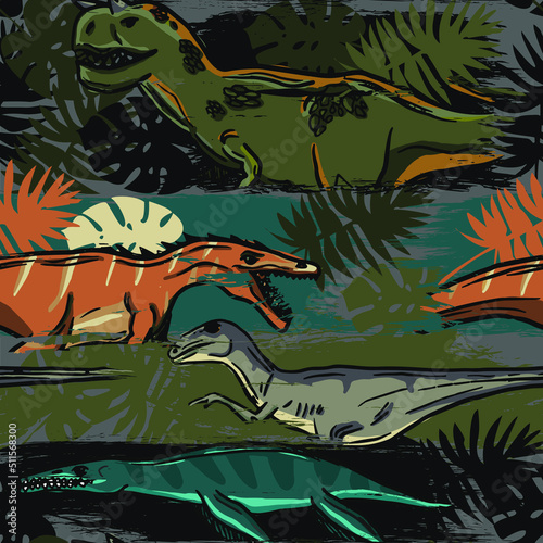 Seamless pattern with dinosaurs and tropical leaves on grunge strips. Background for textile, fabric, wrapping paper, kids, wear, clothes, web and other design.
