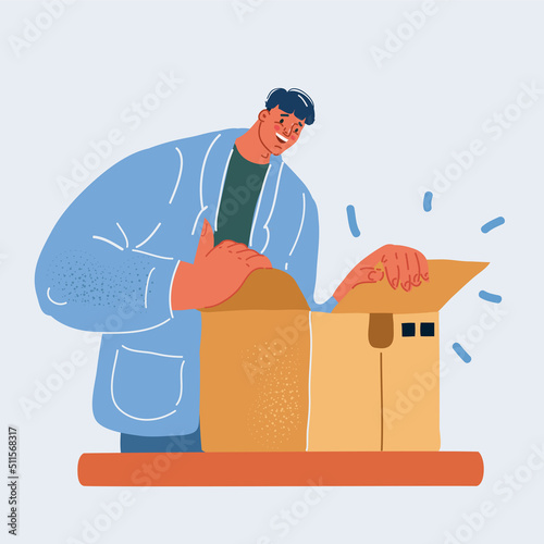 Vector illustration of Smiling young man unpacking carton box with long-awaited purchased item. Client satisfied with fast delivery service, unboxing order from internet store.