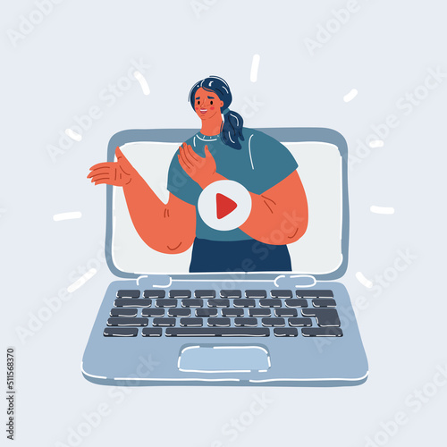 Vector illustration of female blogger on laptop screen on the video