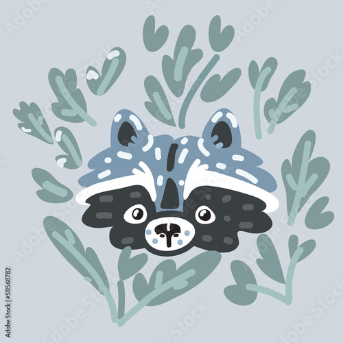 Vector illustration of Portrait of a cute funny raccoon, closeup