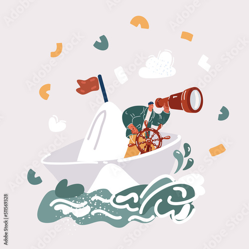 Vector illustration of Businessman monocular on paper boat as a symbol of business leadership. Visionary leading team, teamwork concept.
