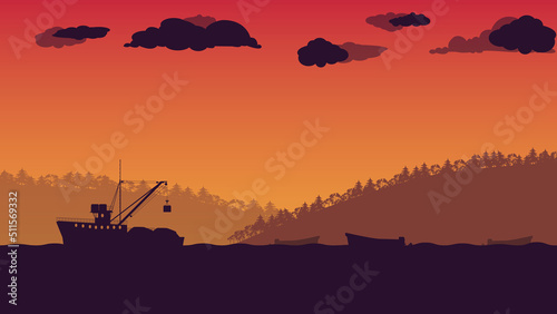 silhouette of fishing vessel boat at Ocean or sea on orange gradient background