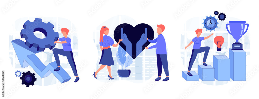Fototapeta premium Goal achievement abstract concept vector illustration set. Ambition, persistence and responsibility, making fast career, self-confident, motivation and determination, success abstract metaphor.