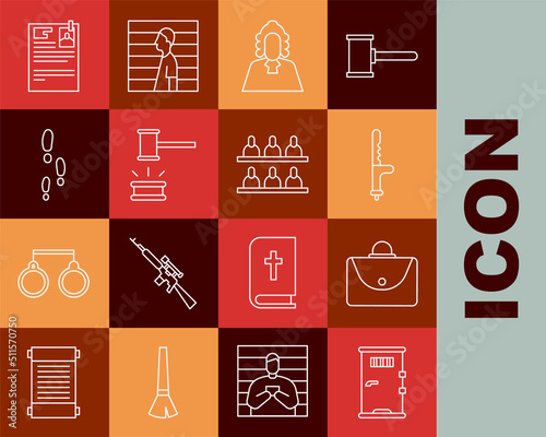 Set line Prison cell door, Briefcase, Police rubber baton, Judge, gavel, Footsteps, Lawsuit paper and Jurors icon. Vector