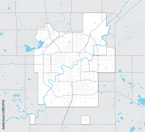 Simple map of Edmonton Alberta, Canada. Tourism map of Edmonton metropolitan region with highways, streets, rivers and lakes and region outlines. Vector map of central region Alberta. No Text.