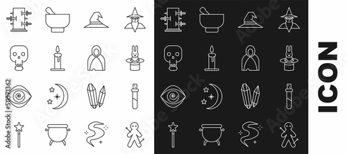 Set line Voodoo doll, Bottle with love potion, Magician hat and rabbit, Witch, Burning candle in candlestick, Skull, Trunk for magic tricks and Mantle, cloak, cape icon. Vector