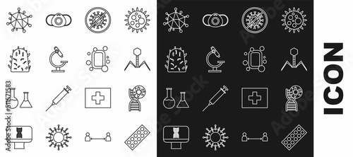 Set line Pills in blister pack, DNA symbol and virus, Bacteria bacteriophage, Stop, Microscope, Rabies, Virus and Bar of soap icon. Vector