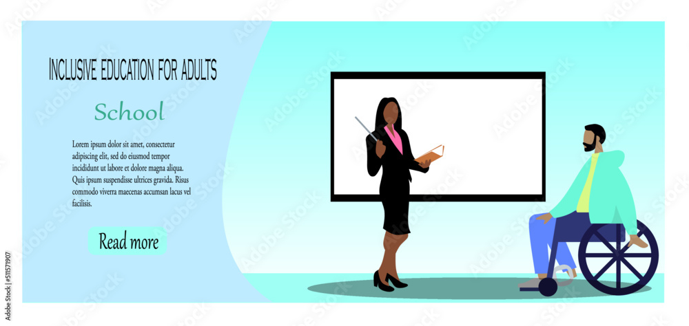 Young adult man in a wheelchair inside a school next to a teacher teaching the class. Concept of an inclusive education school for adults. Vector illustration. Young adult man in a wheelchair inside a school next to a teacher teaching the class. Concept of an inclusive education school for adults. Vector illustration.