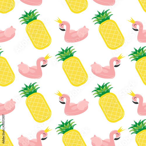 Seamless pattern with summer elements: inflatable circle in the form of a pink flamingo and a mattress in the shape of a pineapple . Summer beach party. Vector image.