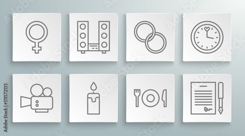 Set line Cinema camera, Home stereo with two speakers, Burning candle, Plate, fork knife, Marriage contract, Wedding rings, Clock and Female gender symbol icon. Vector