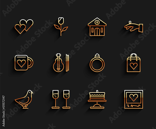 Set line Dove, Glass of champagne, Heart, Cake on plate, Photo frames and hearts, Violin, Shopping bag with and Diamond engagement ring icon. Vector